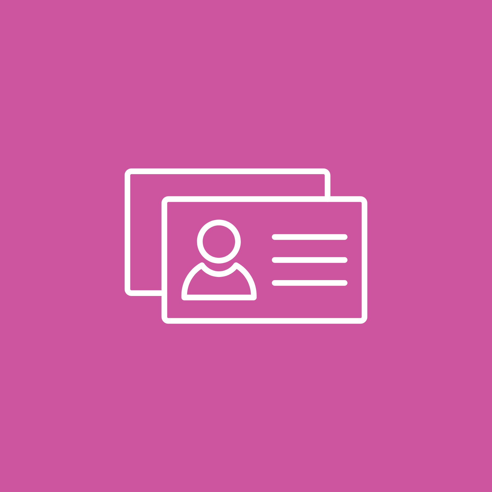 A line icon of two business cards with a person on them on a pink background.
