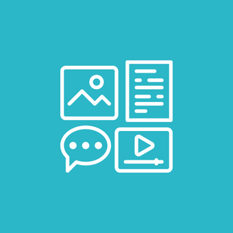 A line icon of a speech bubble , a picture , a document , and a video.