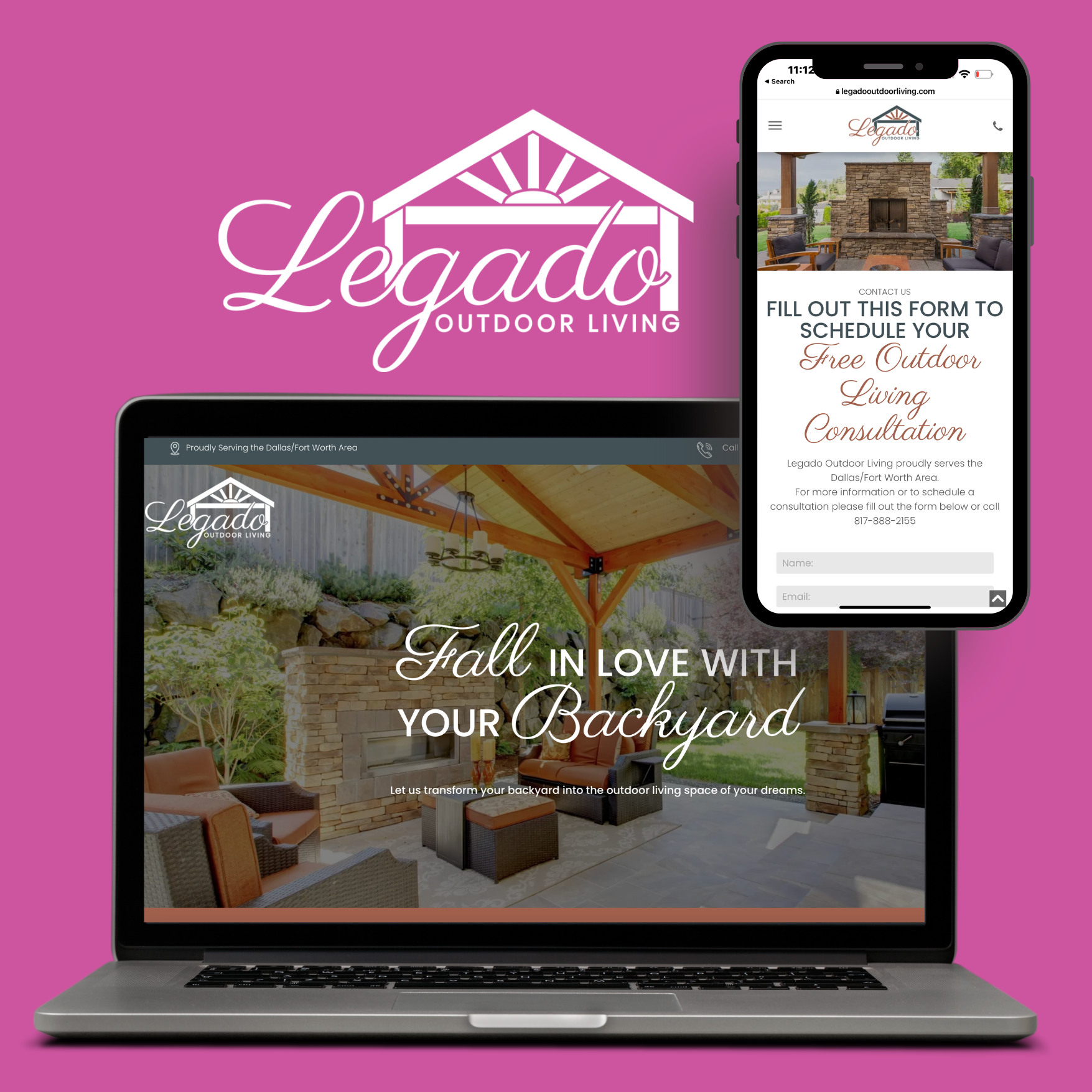 A laptop and a cell phone are displaying a website for legacy outdoor living.