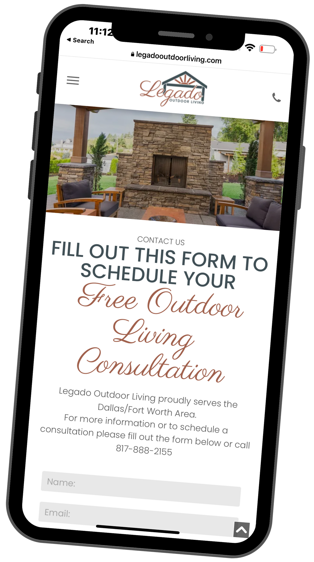 A cell phone is displaying a website that says `` fill out this form to schedule your free outdoor living consultation ''.