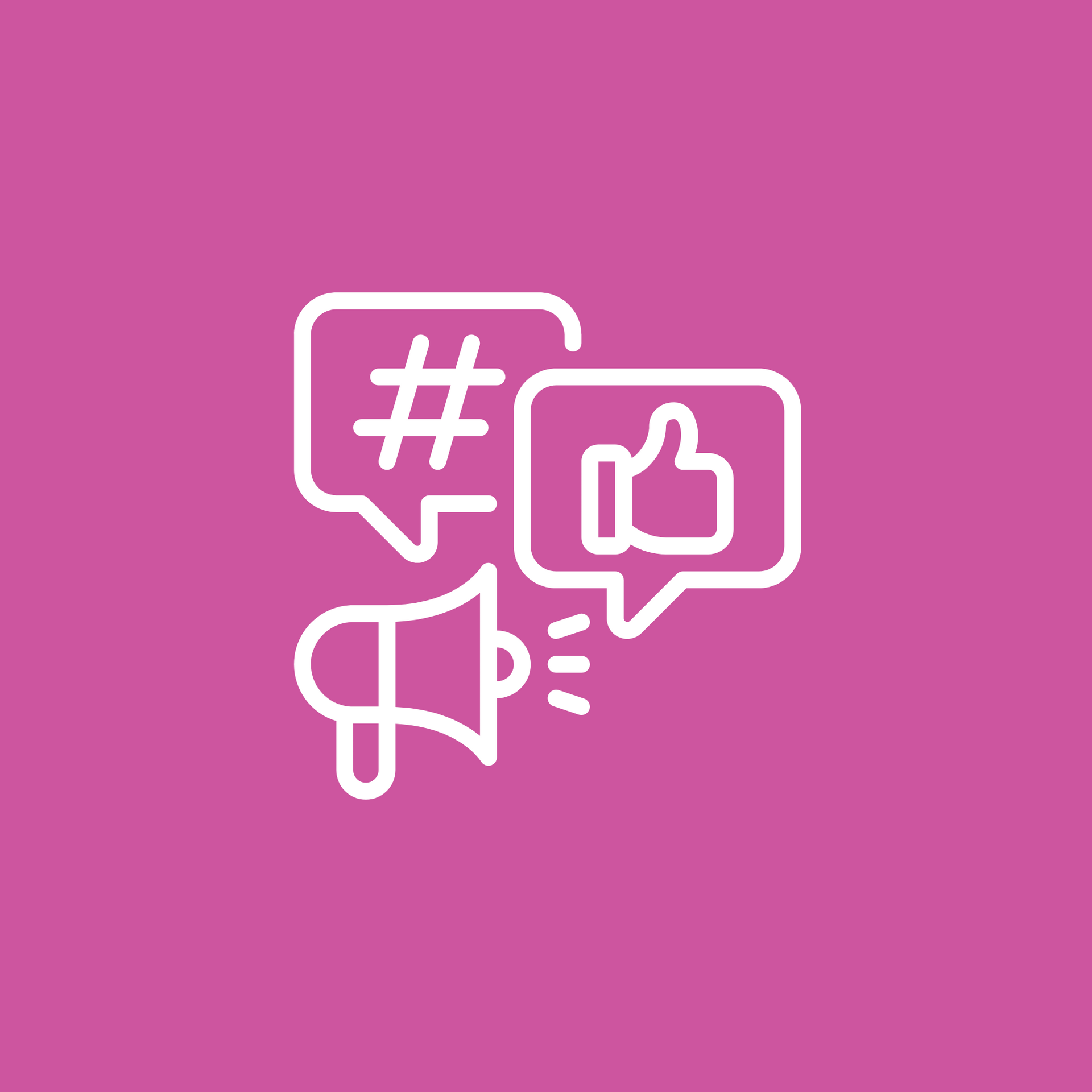 A speech bubble with a hashtag and a thumbs up next to a megaphone on a pink background.