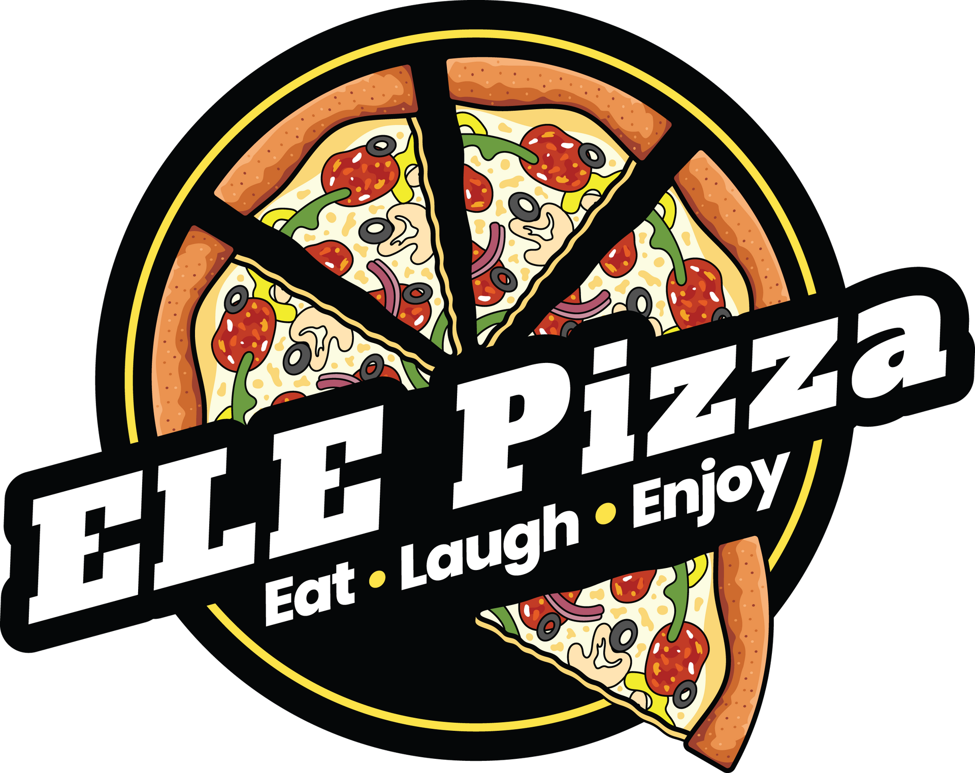 A logo for ele pizza that says eat laugh enjoy