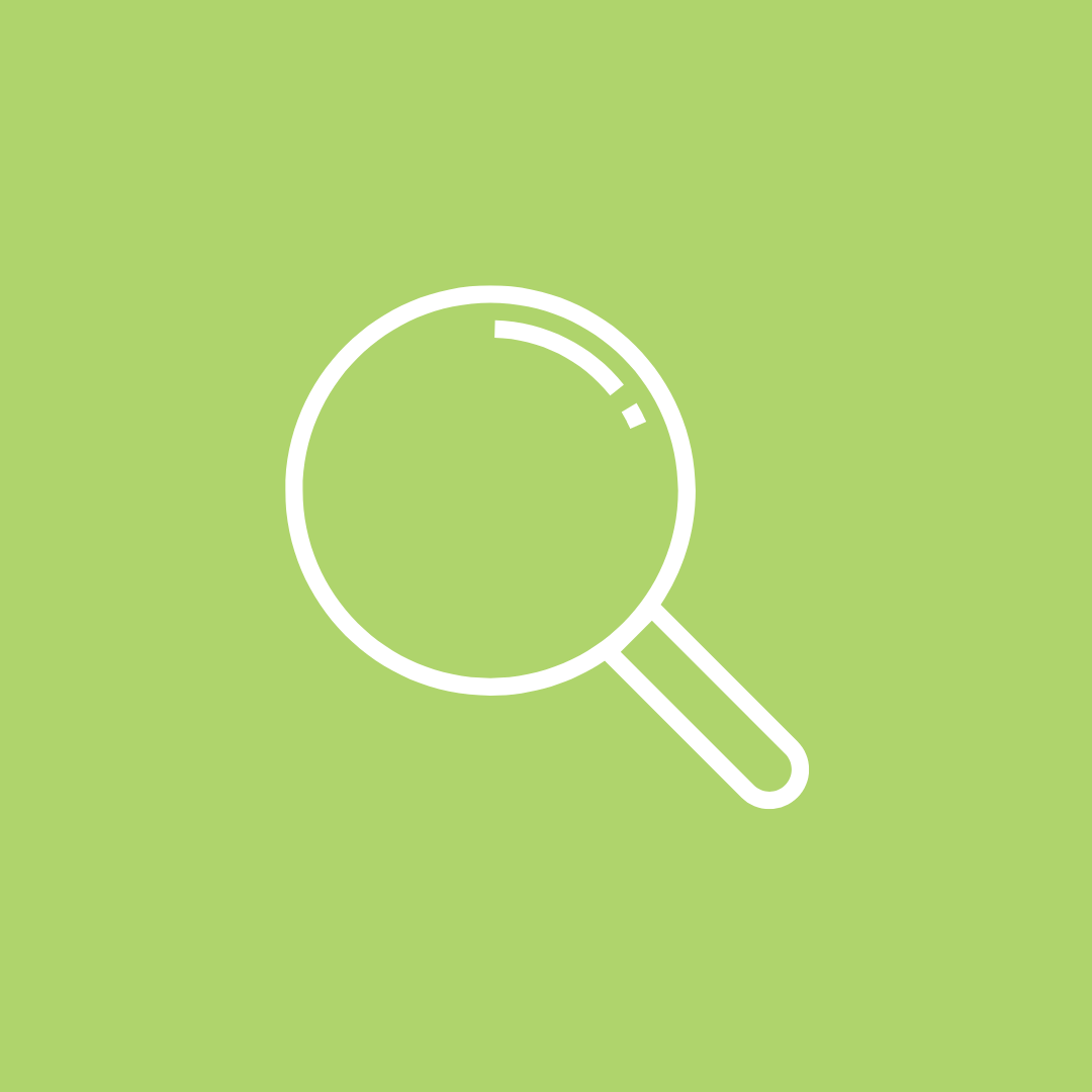A white magnifying glass icon on a green background.