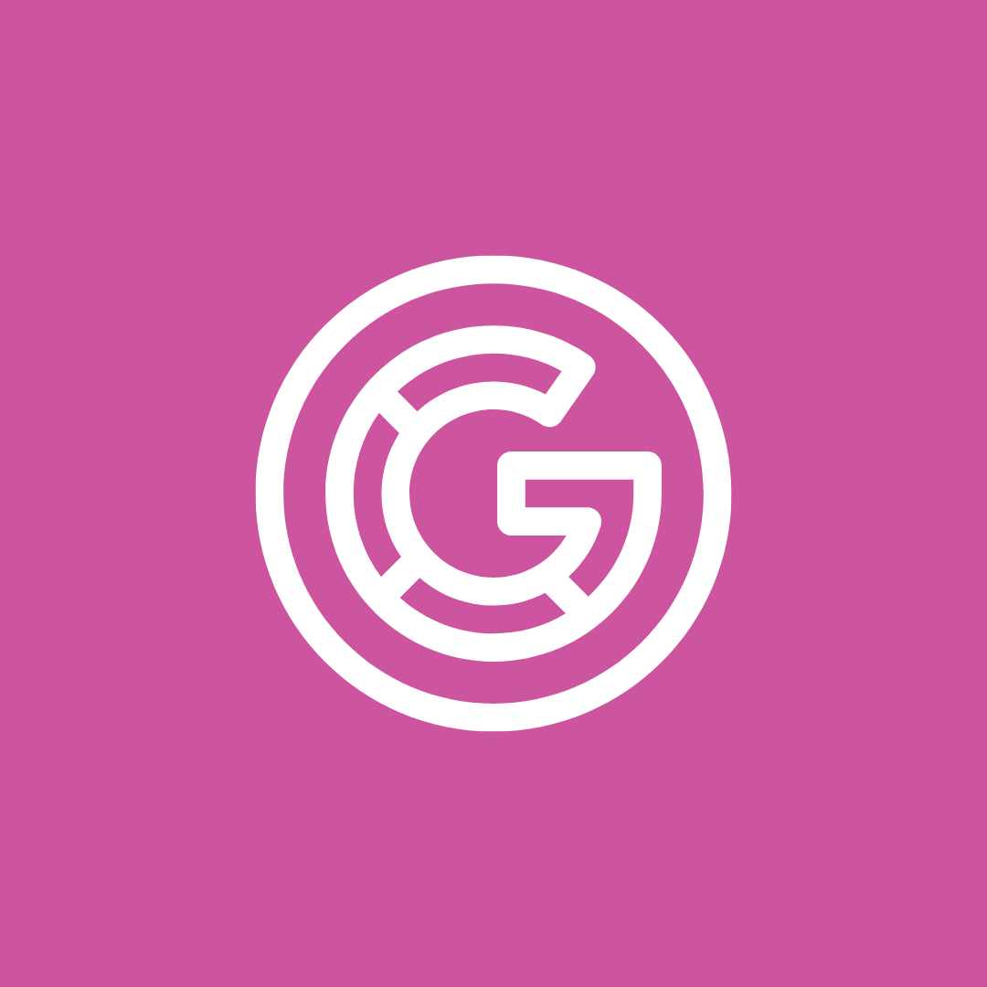 The letter g is in a white circle on a pink background.