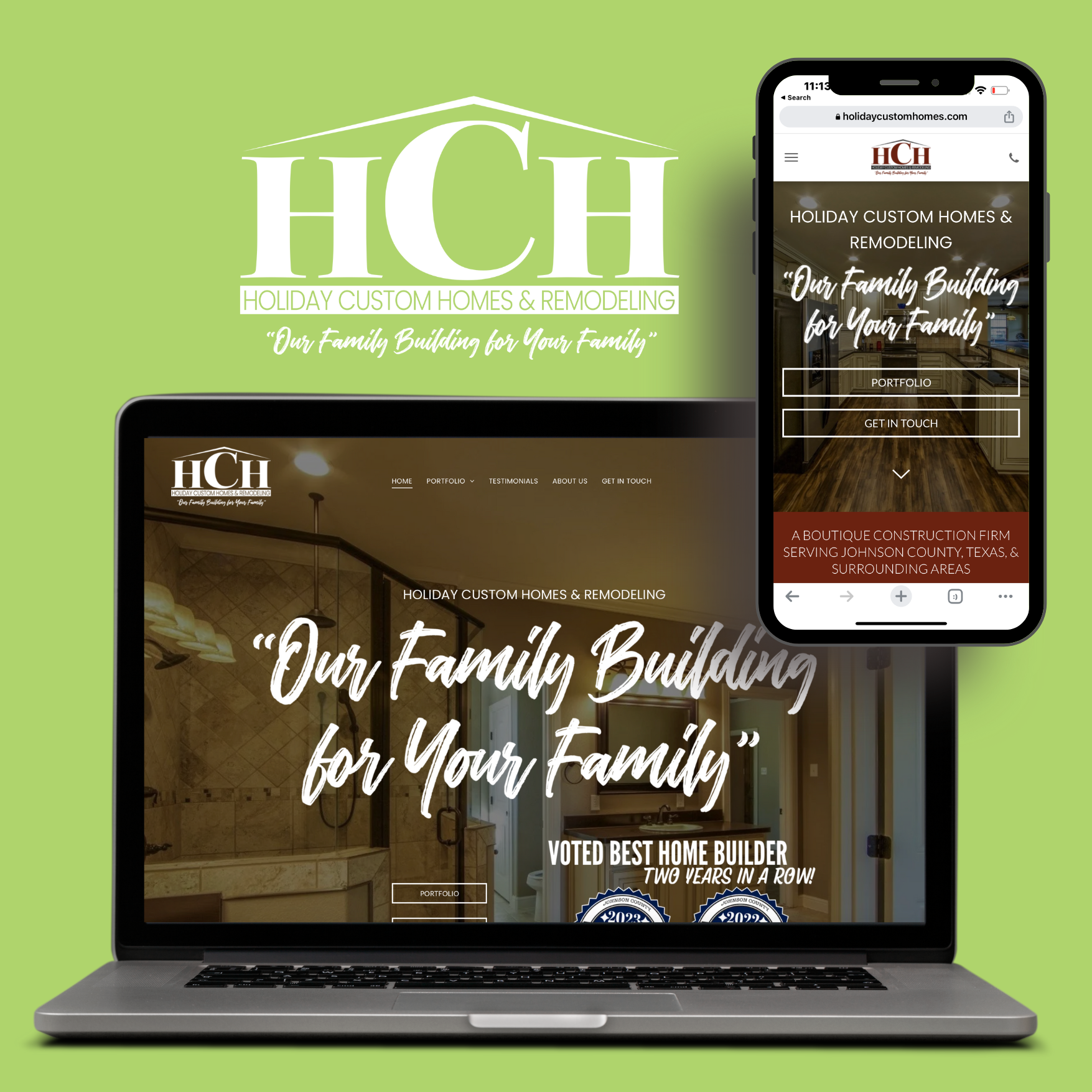 A laptop and a cell phone are displaying a website for a company called hch.