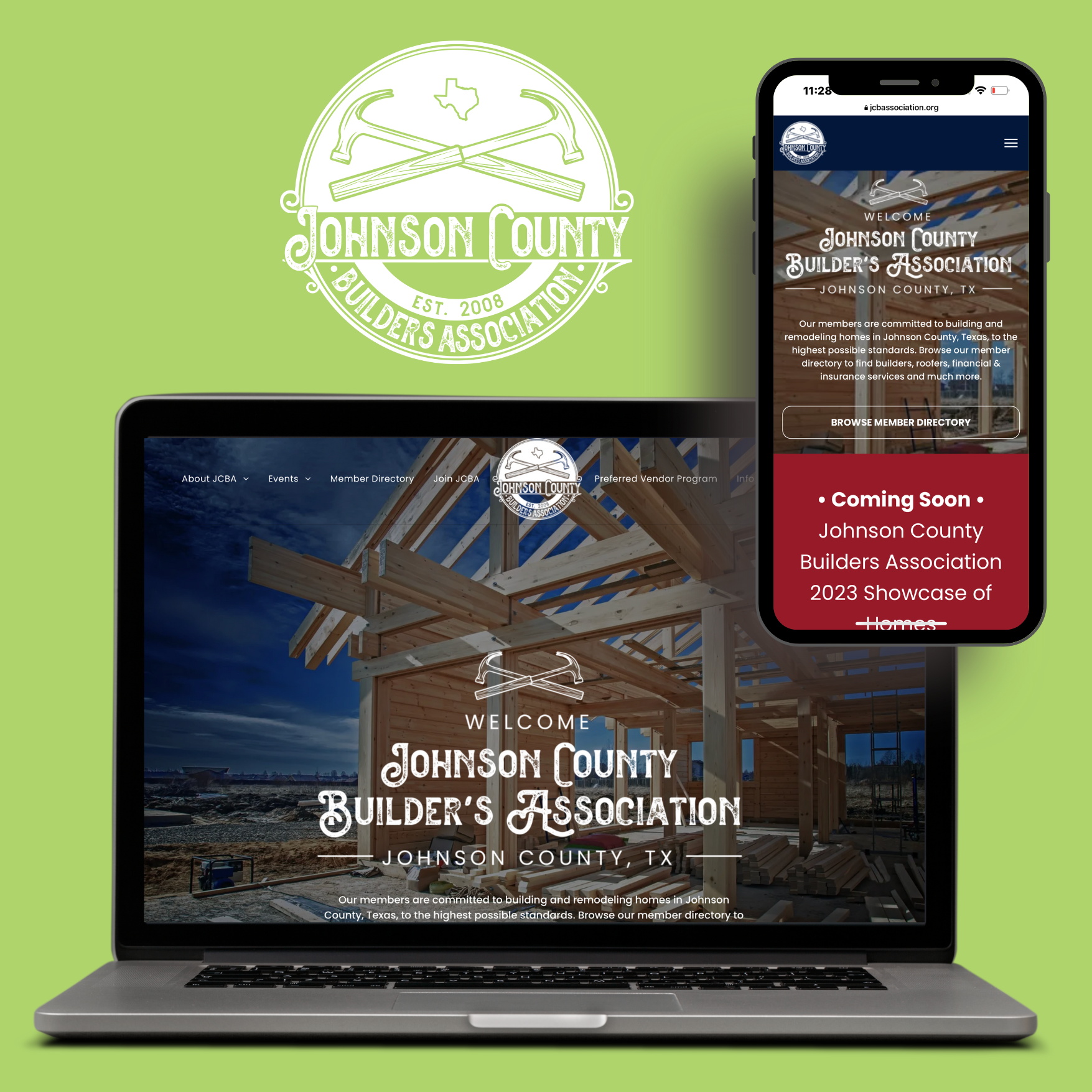 A johnson county builder 's association website is displayed on a laptop and phone.