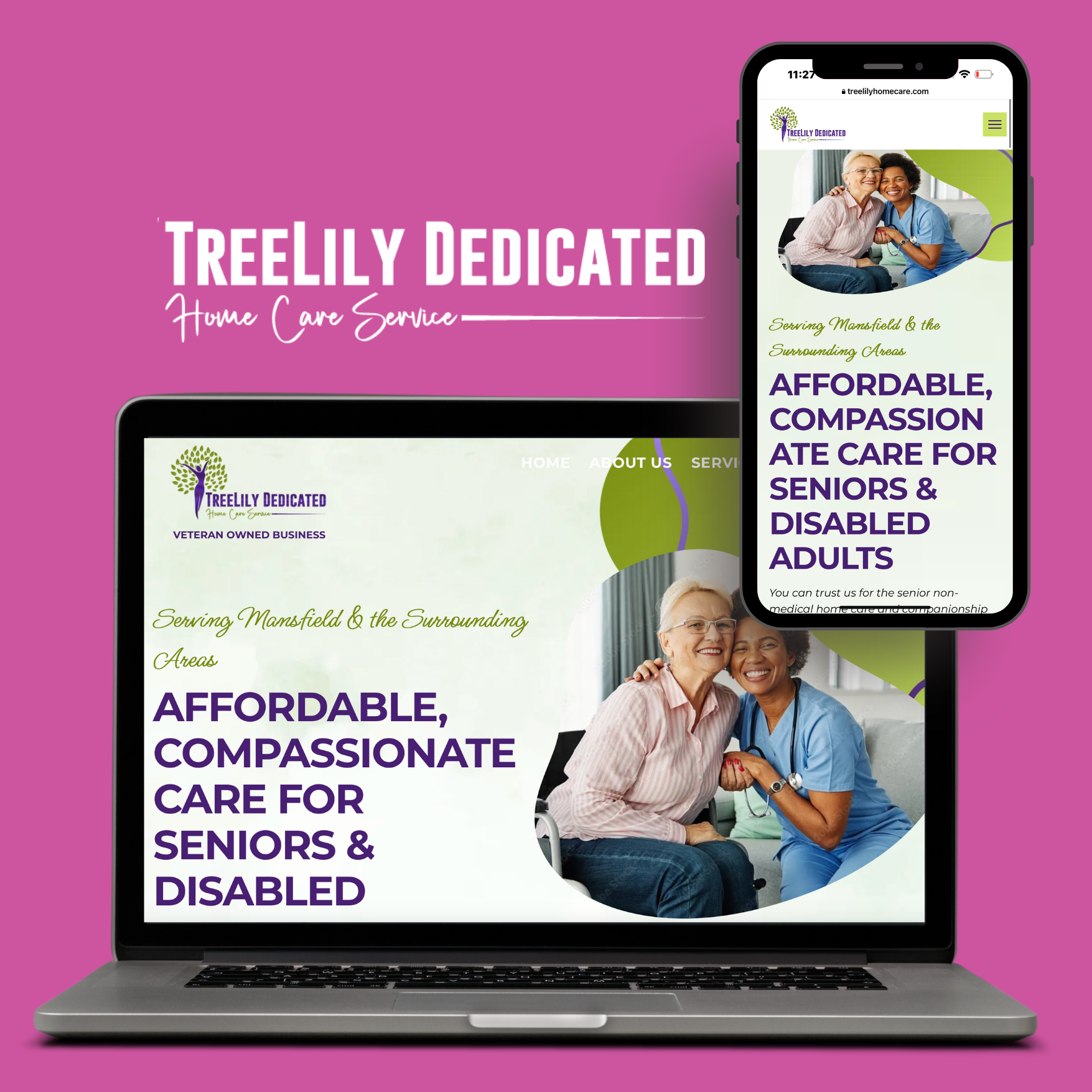 A laptop and a cell phone are displaying a website for treelily dedicated home care service