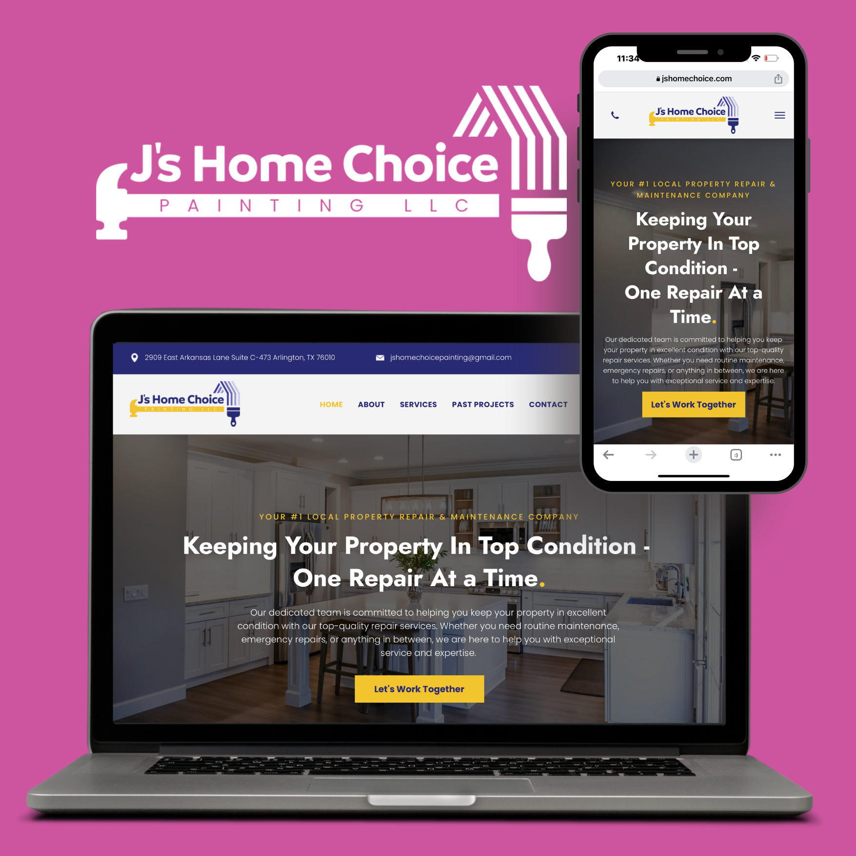 A laptop and a cell phone are displaying a website for j 's home choice painting llc.