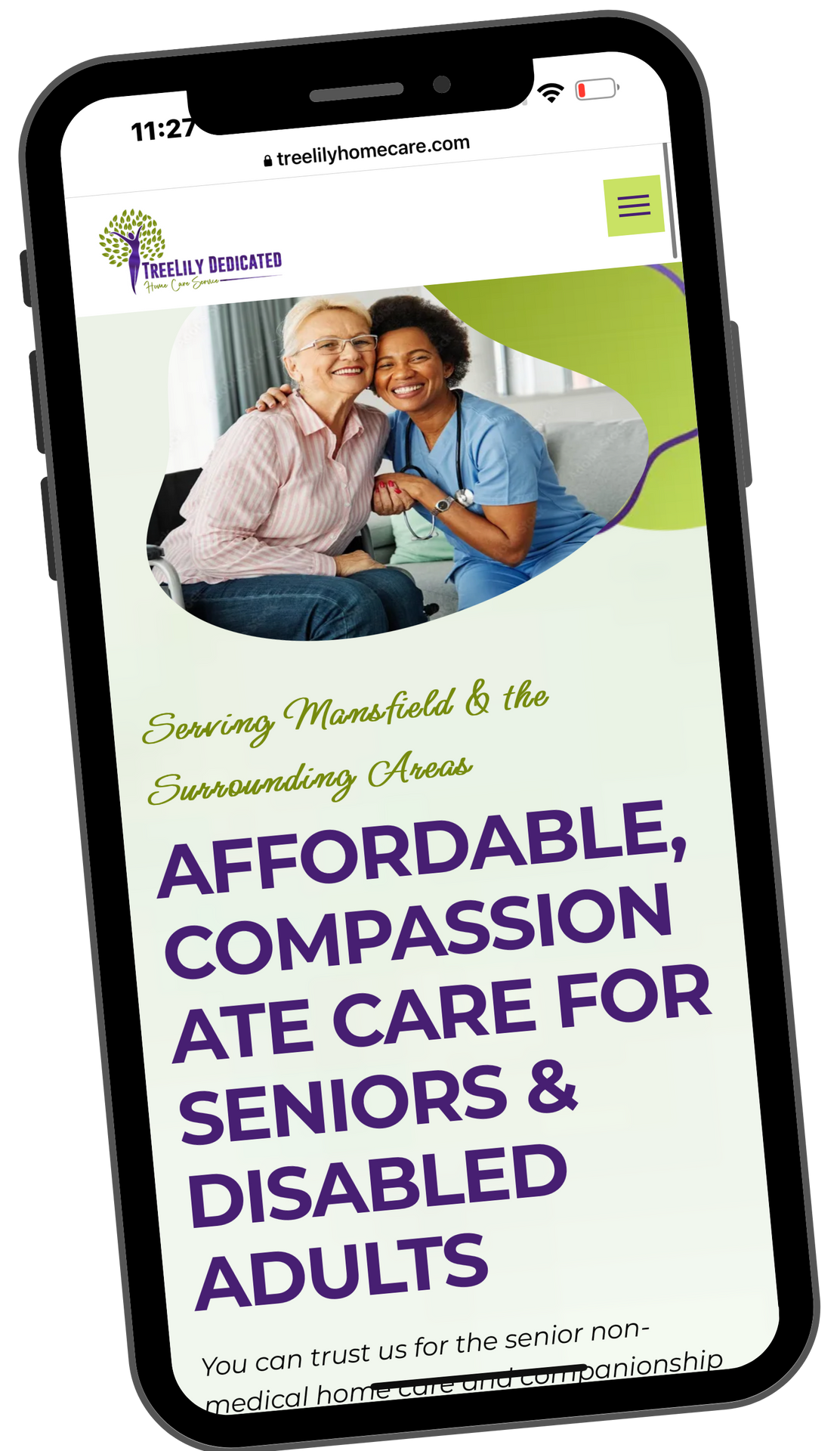 A phone with a website on it that says `` affordable , compassion ate care for seniors & disabled adults ''