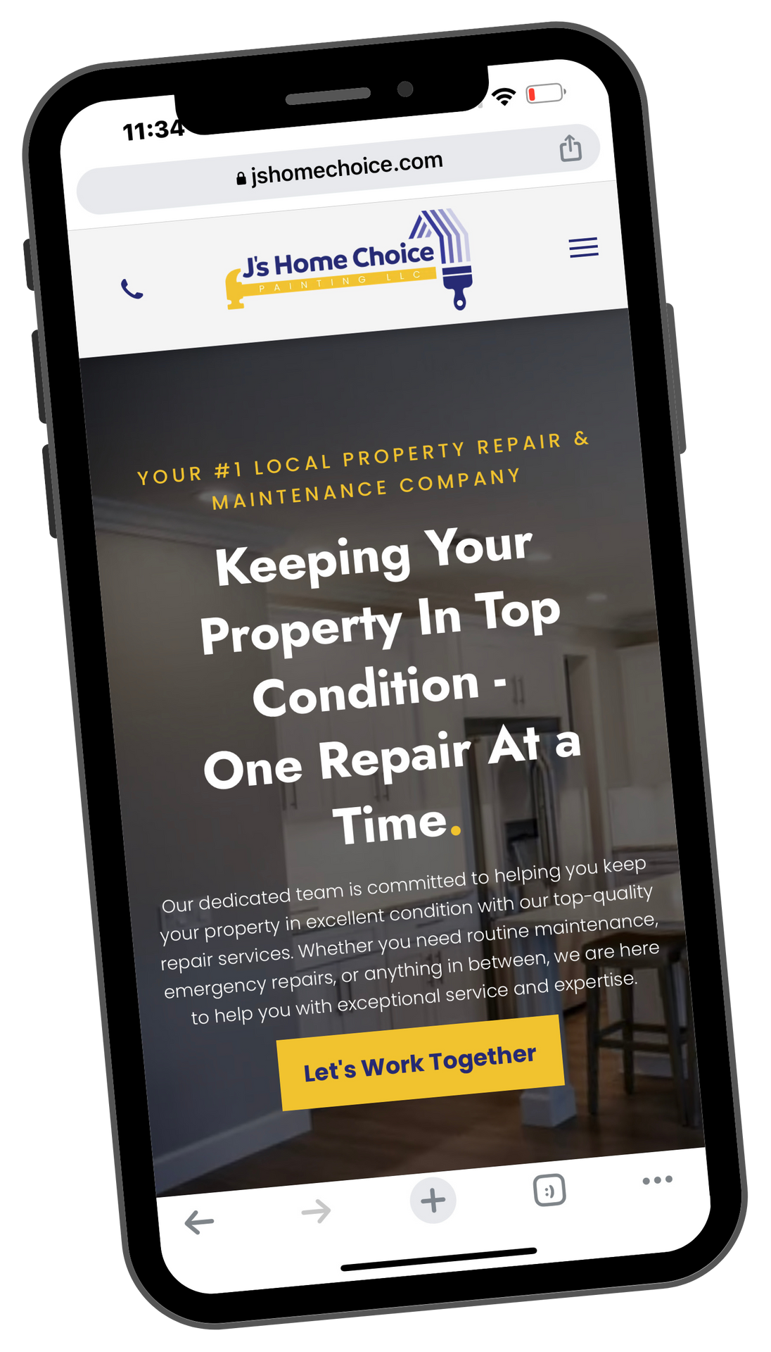 A cell phone is open to a website that says `` keeping your property in top condition - one repair at a time ''.