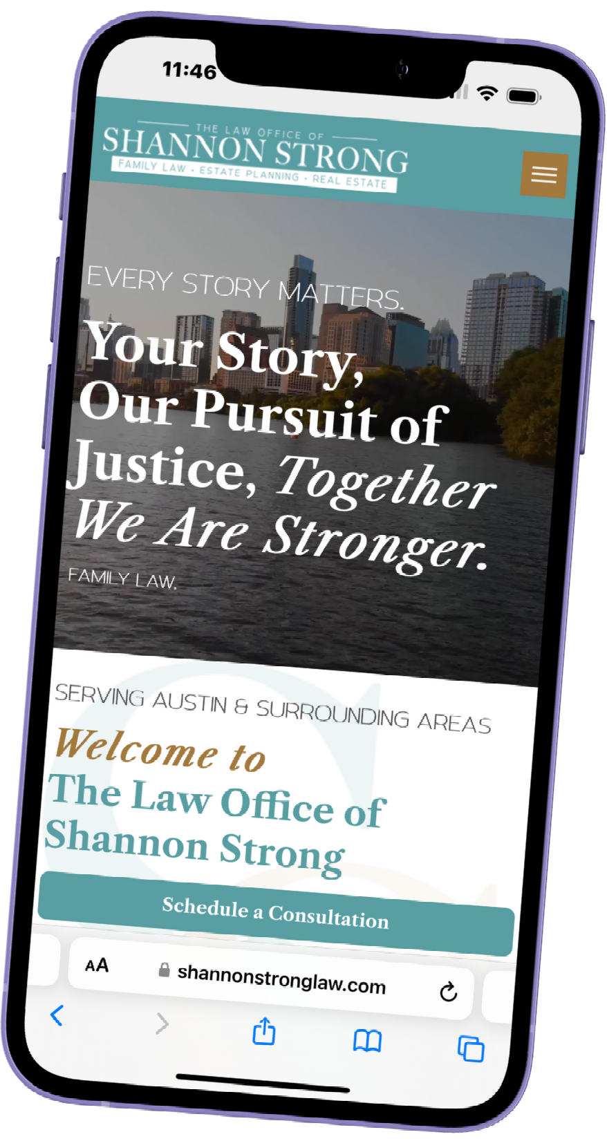 A shannon strong law firm website is displayed on a cell phone.