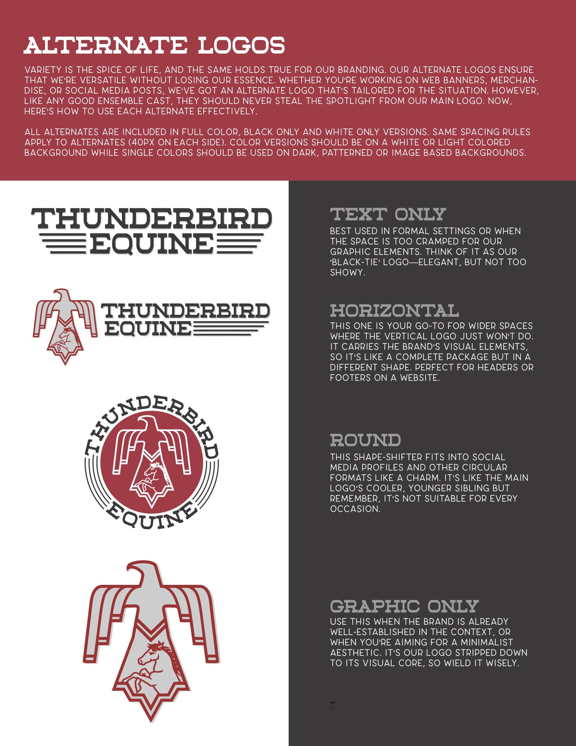 A poster showing alternate logos for thunderbird equine