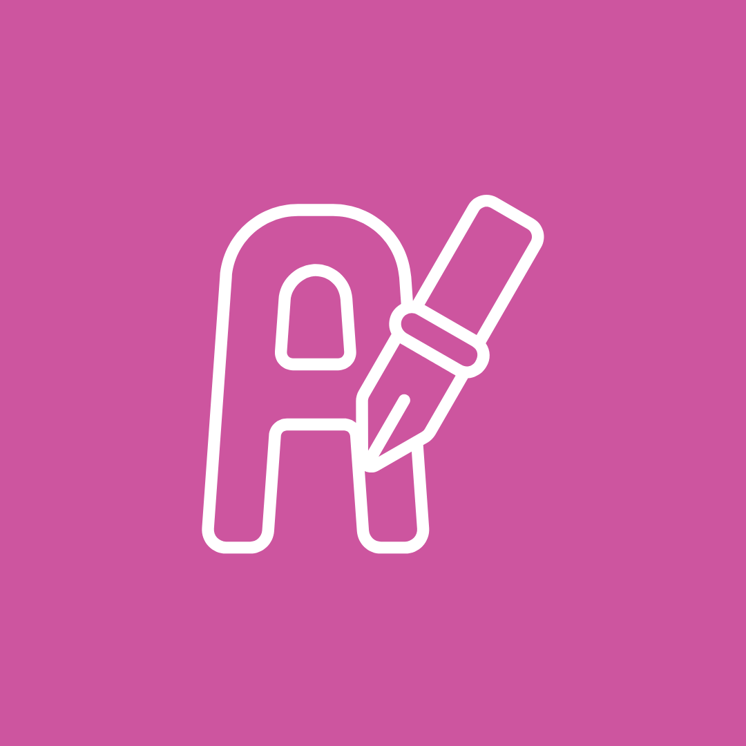 The letter a is being written with a pen on a pink background.