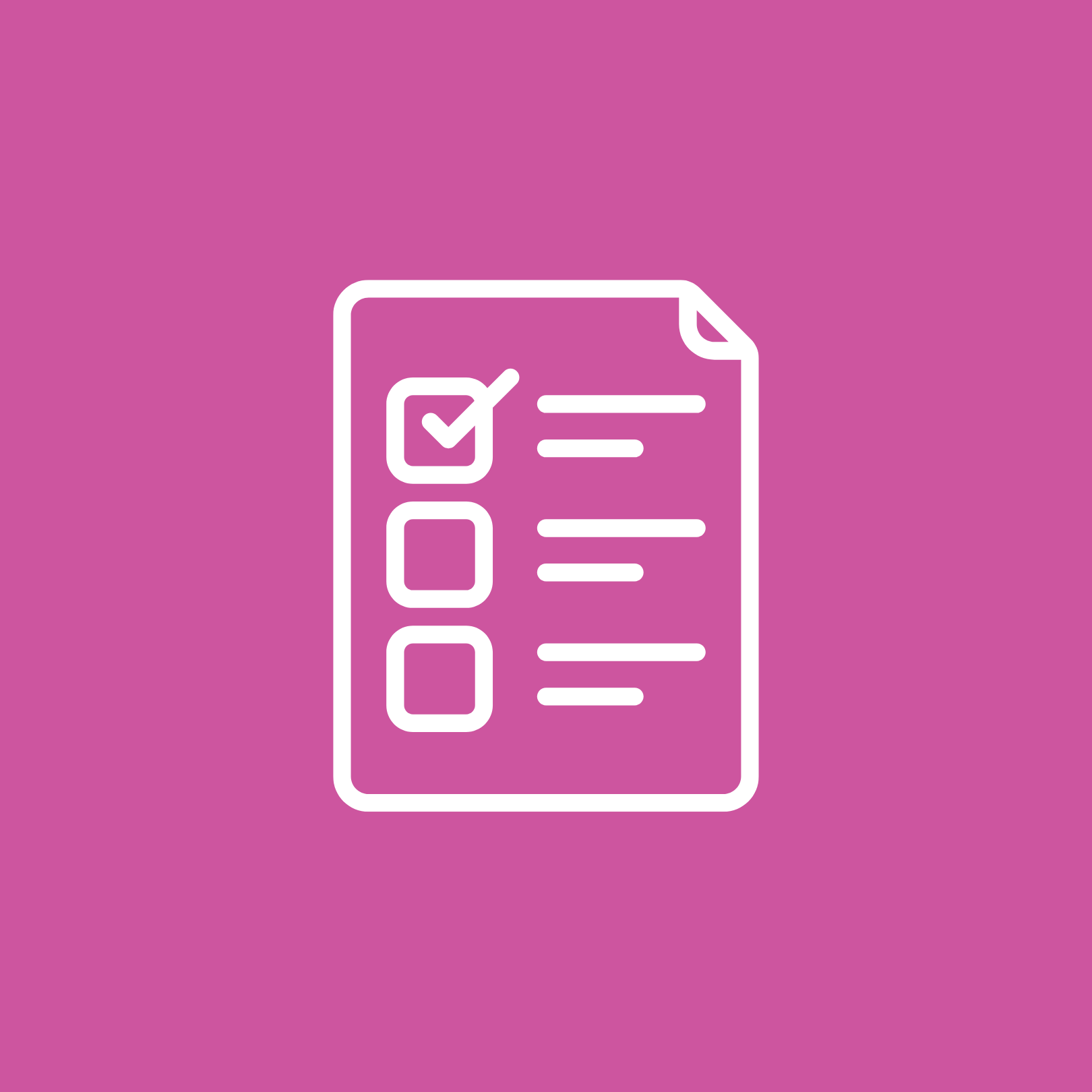 A line icon of a checklist on a pink background.