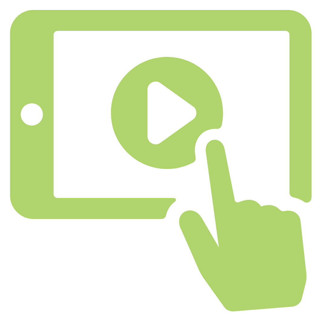 A green icon of a hand pressing a play button on a tablet.