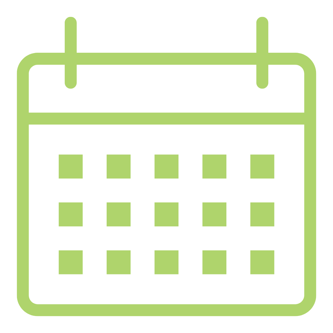 A green icon of a calendar with squares on it.