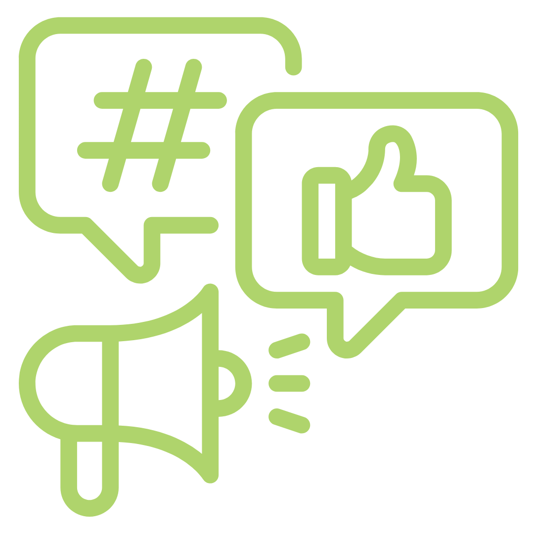 A green line icon of a megaphone , speech bubbles , and a thumbs up.