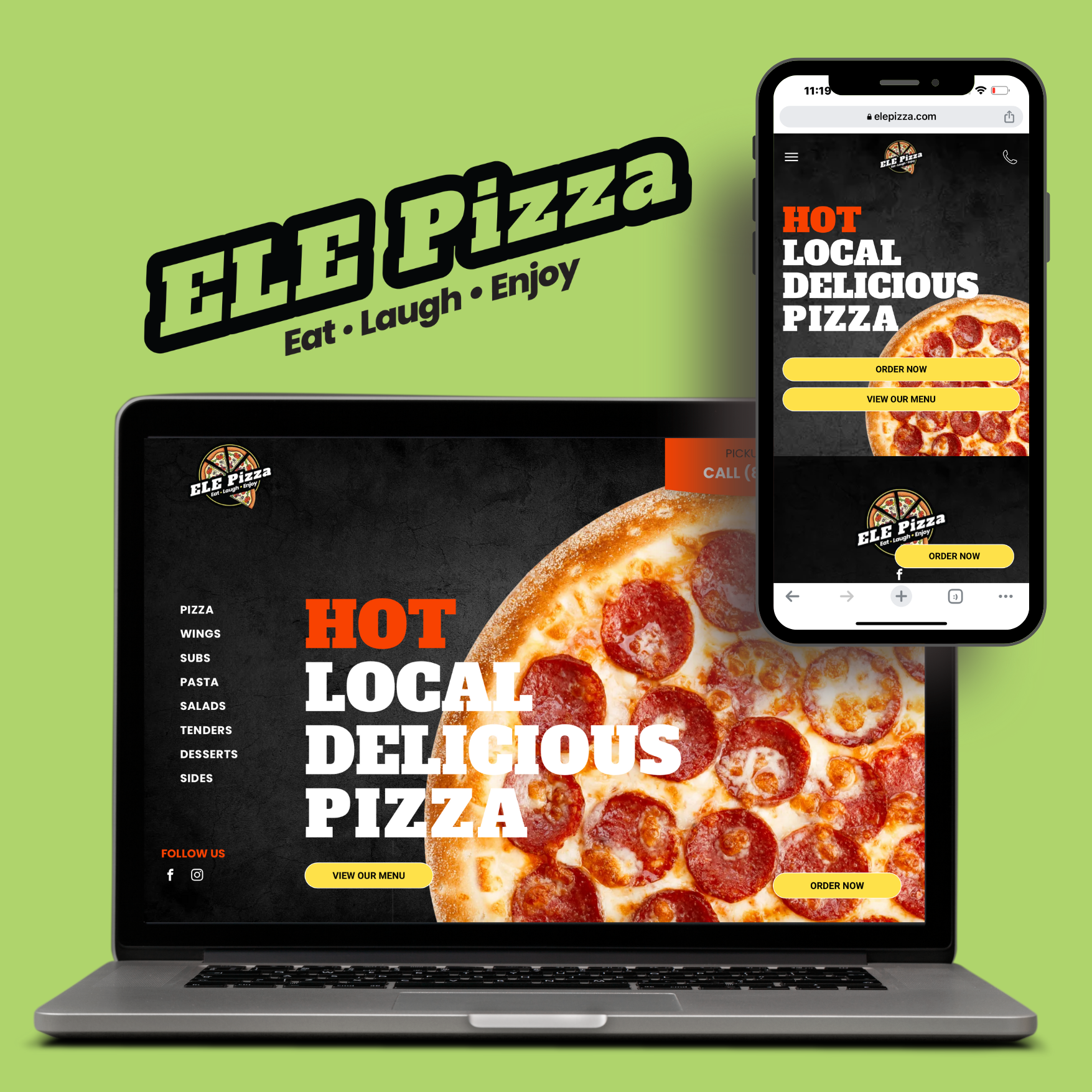 A laptop and a cell phone are shown for ele pizza
