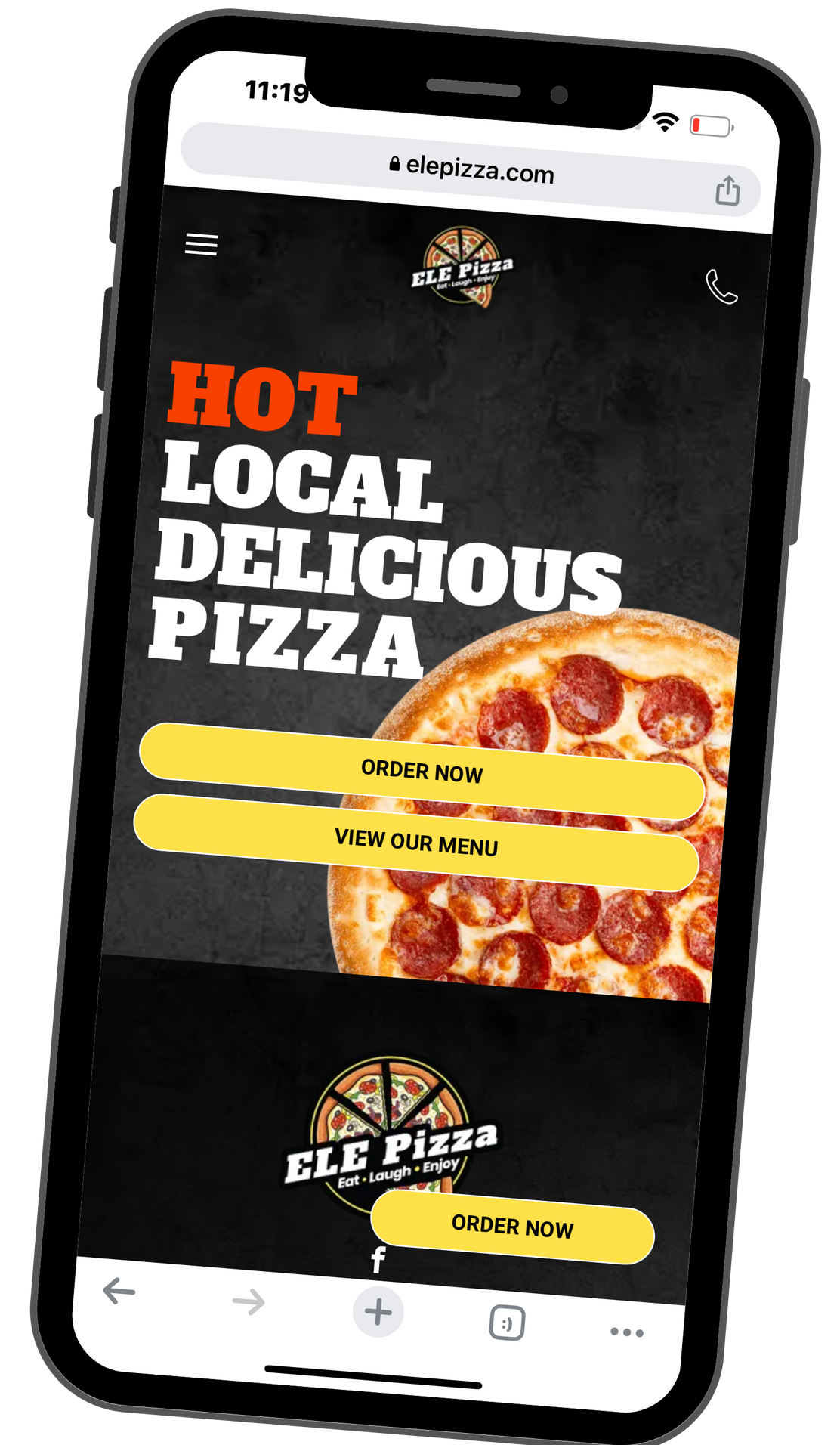 A phone with a pizza on the screen and the words `` hot local delicious pizza ''.