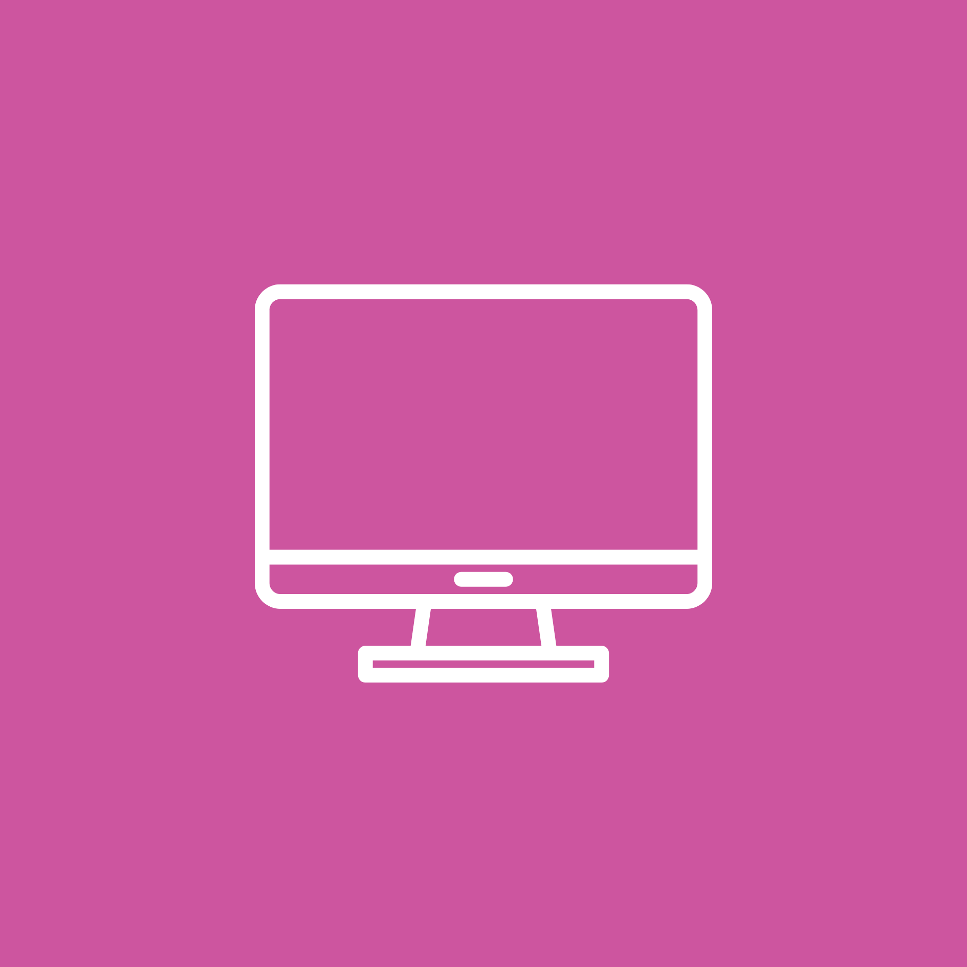 A line icon of a computer monitor on a pink background.