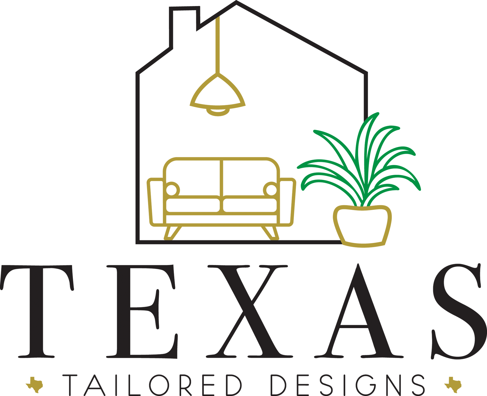 The logo for texas tailored designs shows a couch and a plant in a house.