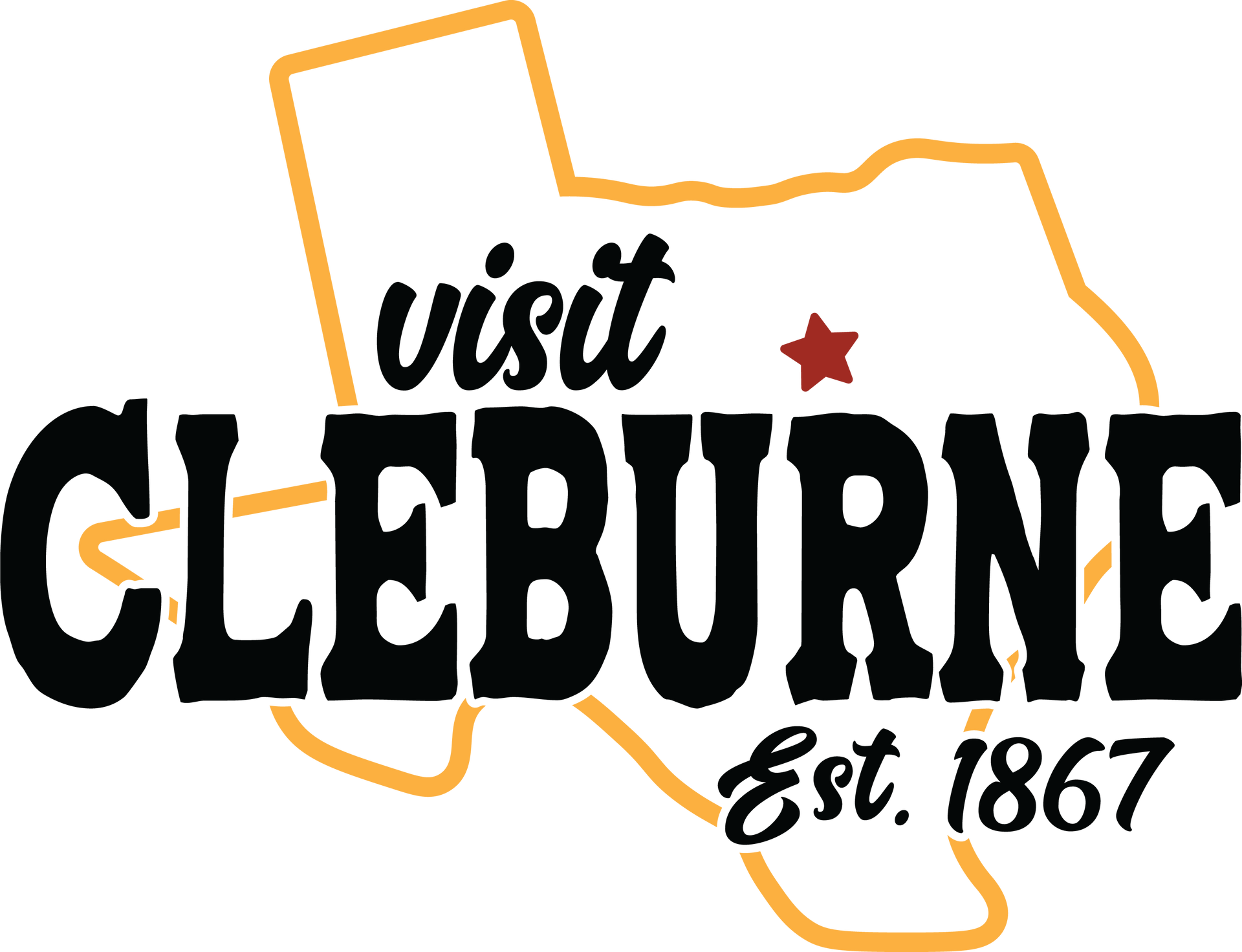 The logo for visit cleburne is a map of texas.