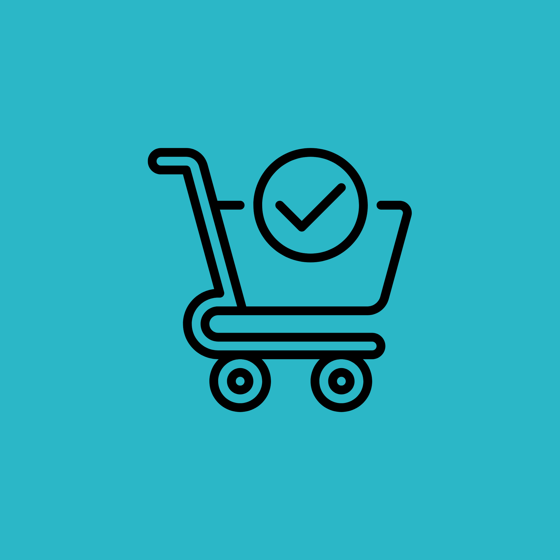 A shopping cart with a check mark on it on a blue background.