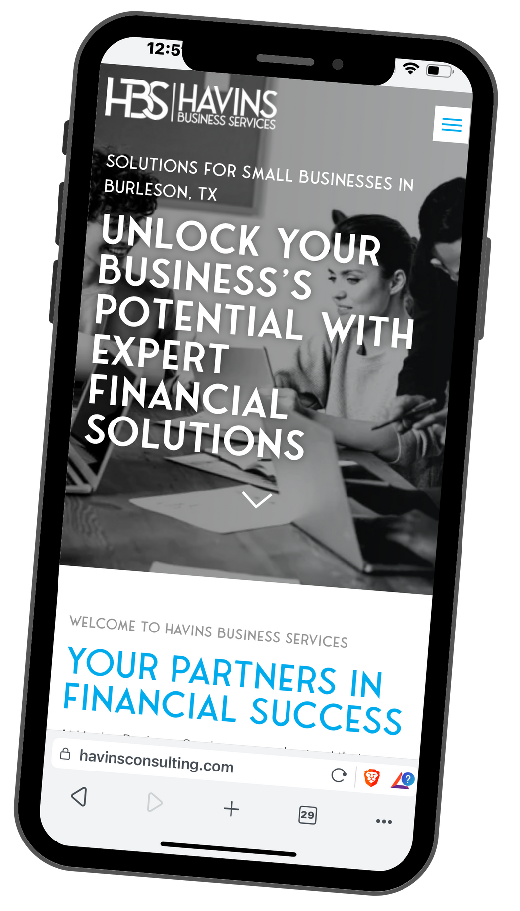 A cell phone with a website on it that says `` unlock your business 's potential with expert financial solutions ''.