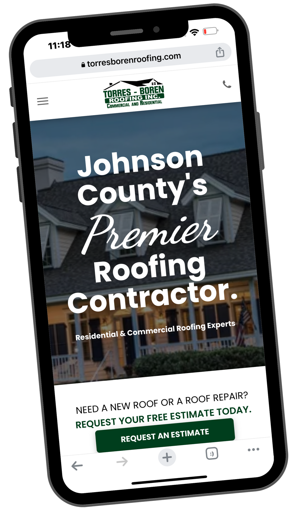 A cell phone is displaying a website for johnson county 's premier roofing contractor.