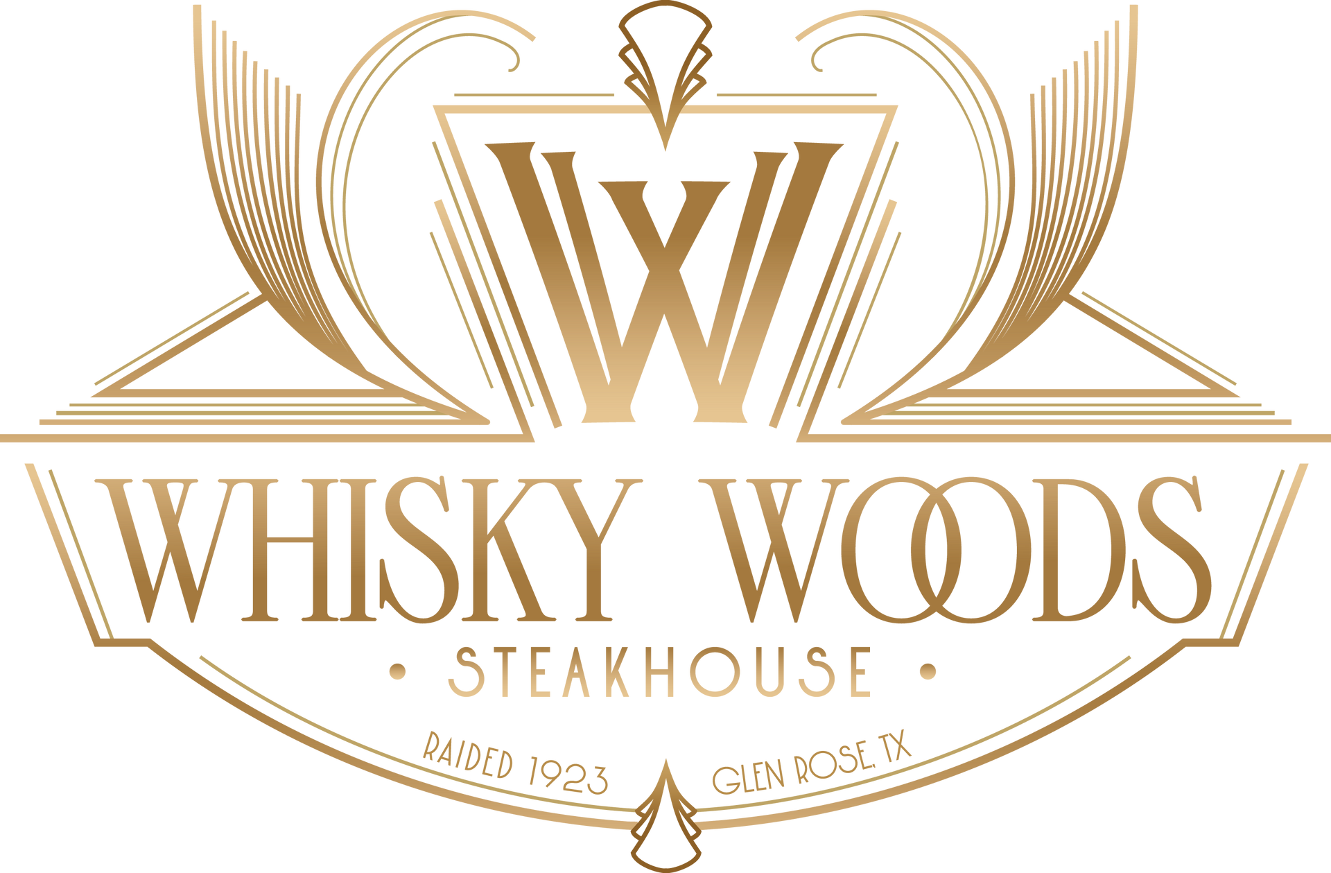 The logo for whisky woods steakhouse is a gold logo with a w on it.