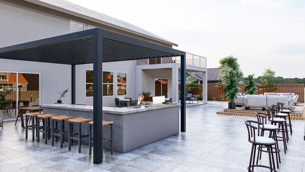 A Patio With Tables and Chairs Under a Pergola — Paul Cooper Homes In Noosa Heads, QLD