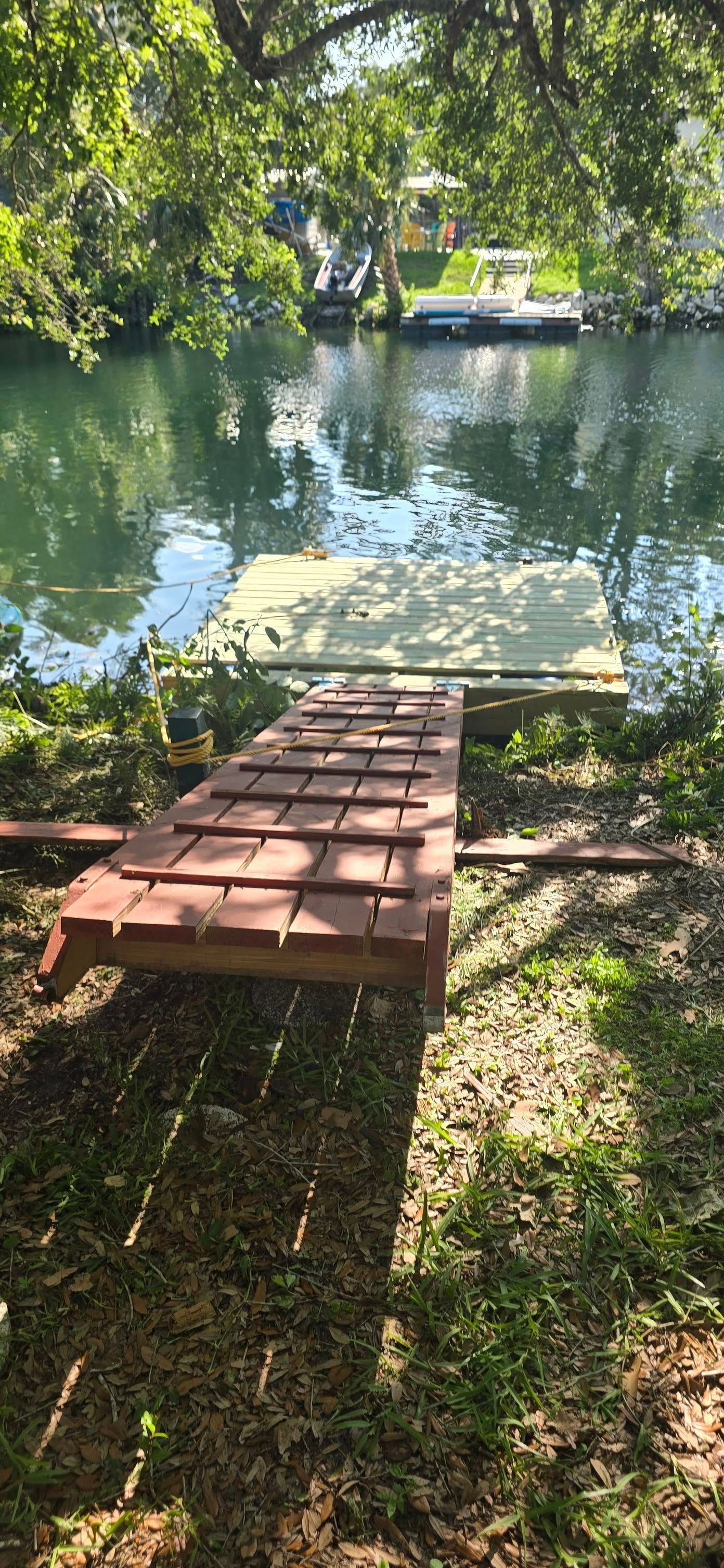 A wooden dock is sitting next to a body of water.