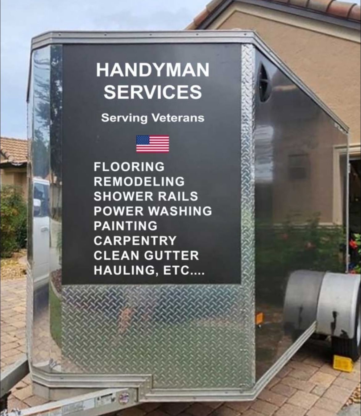 A trailer that says handyman services serving veterans