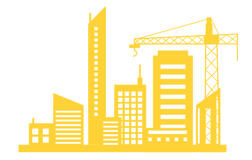 A silhouette of a city under construction with a crane and buildings.