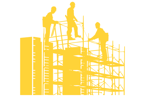 A group of construction workers are working on scaffolding on top of a building.