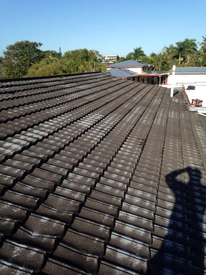 Dark Tiled Roof With White Patches, Sunny Day — LJG Plumbing In Sarina, QLD