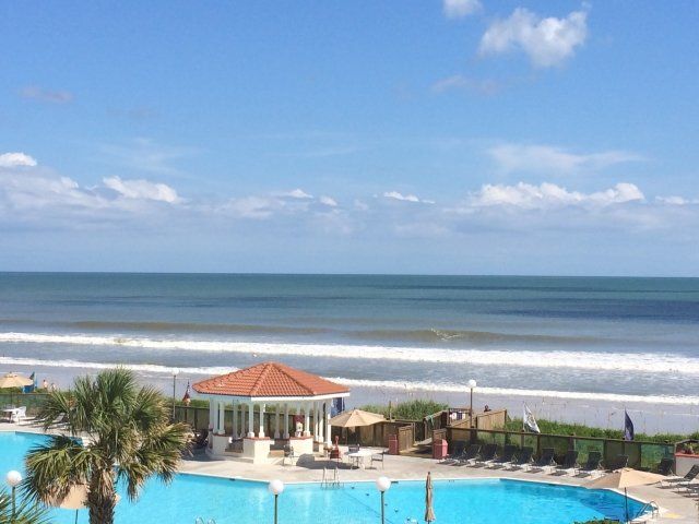 A large swimming pool surrounded by palm trees next to the ocean