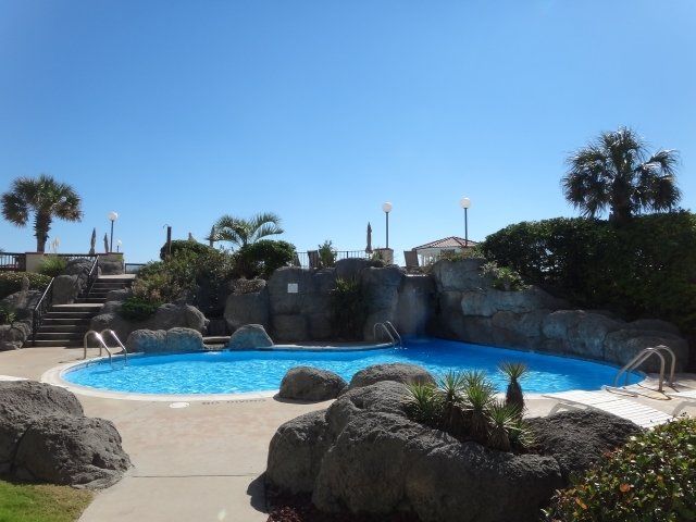 A large swimming pool surrounded by rocks and palm trees