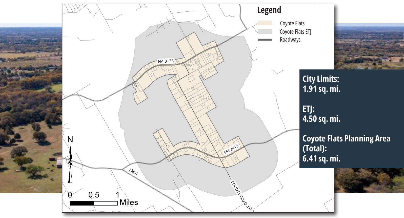 An aerial view of a city with a map showing the city limits