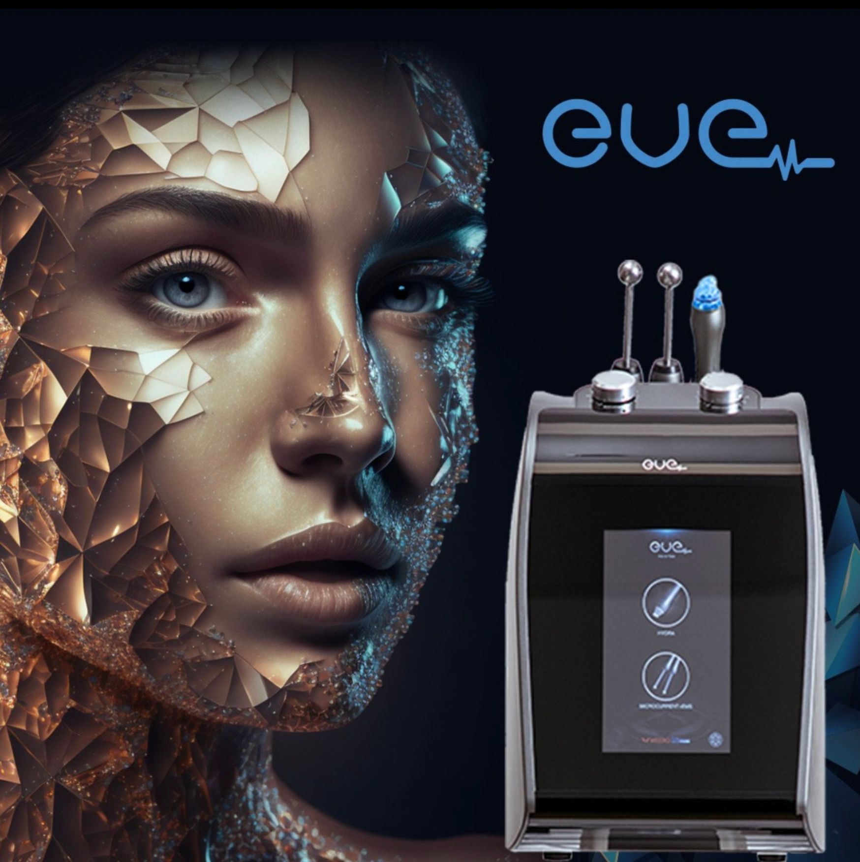 Ein Bild von einem Frauengesicht neben einer Maschine, auf der steht „Eve“