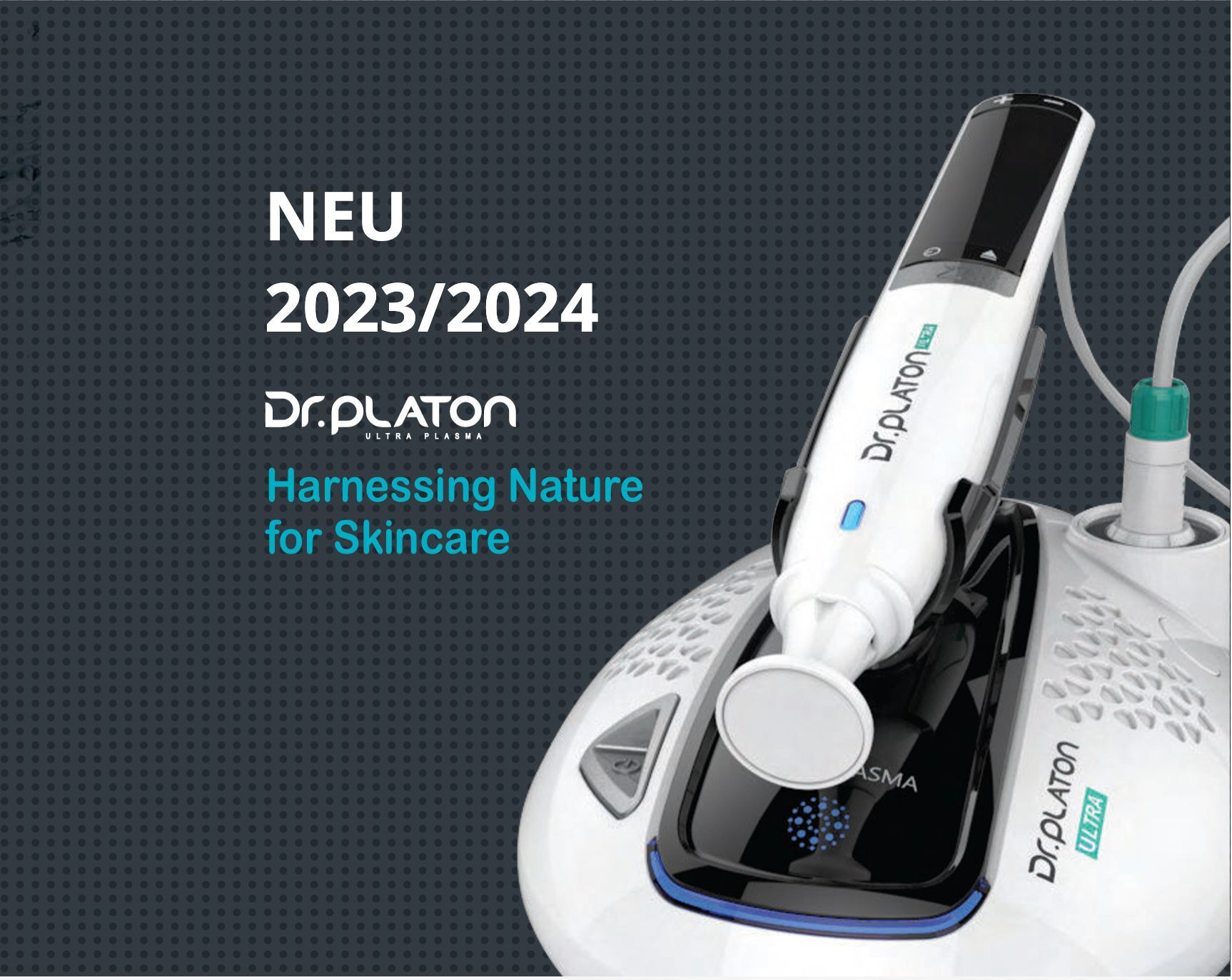 Ein Bild eines Geräts mit der Aufschrift „Neu 2023/2024 – Nutzung der Natur für die Hautpflege“