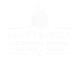 Logo for Matt O'Neill Electronic Organ Service & Sales, featuring an organ silhouette and text.
