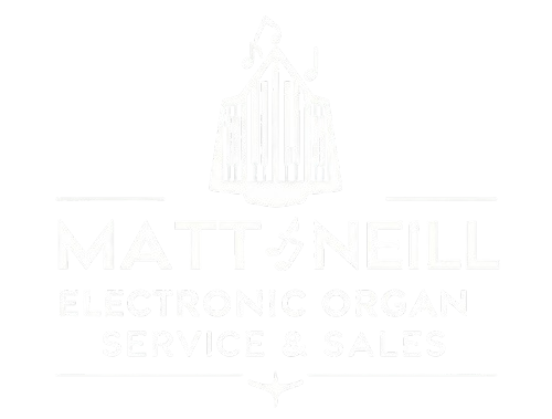 Logo for Matt O'Neill Electronic Organ Service & Sales, featuring an organ silhouette and text.
