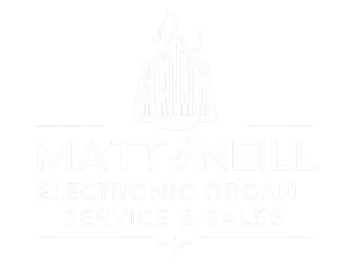 Logo for Matt O'Neill Electronic Organ Service & Sales, with a stylized organ and text.