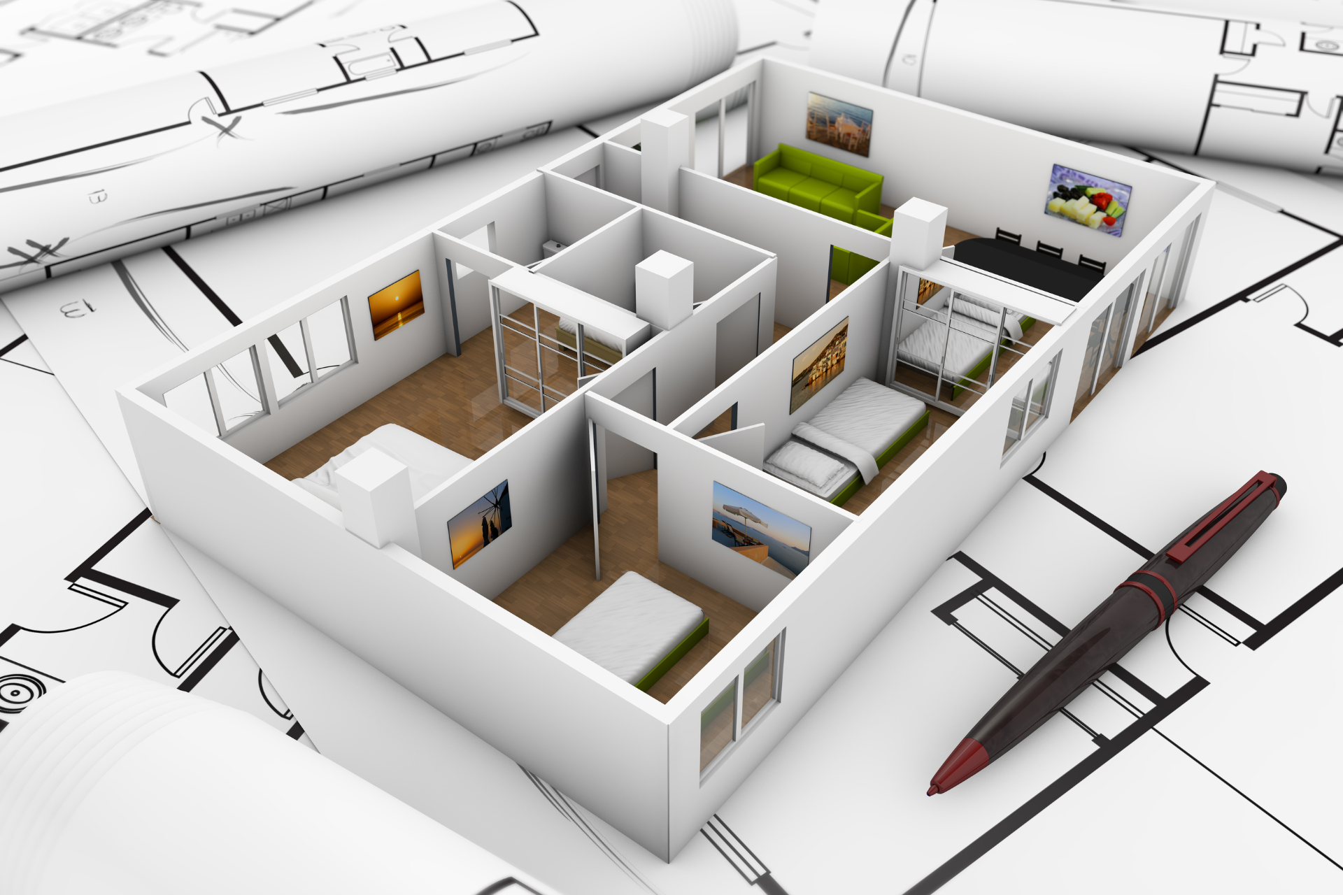 3D model of a home interior on blueprints; rooms include living room, bedrooms, and a pen.