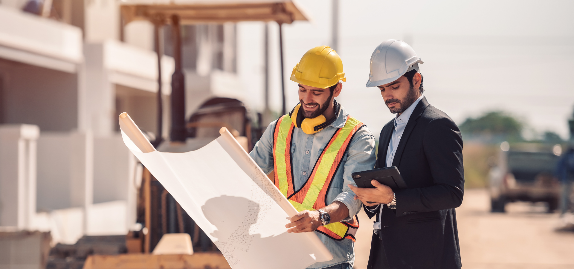 Two construction workers in hard hats review blueprints at a building site