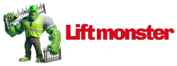 lift monster logo, a monster holding gate grills, and Liftmaster electric gate services written  by the side