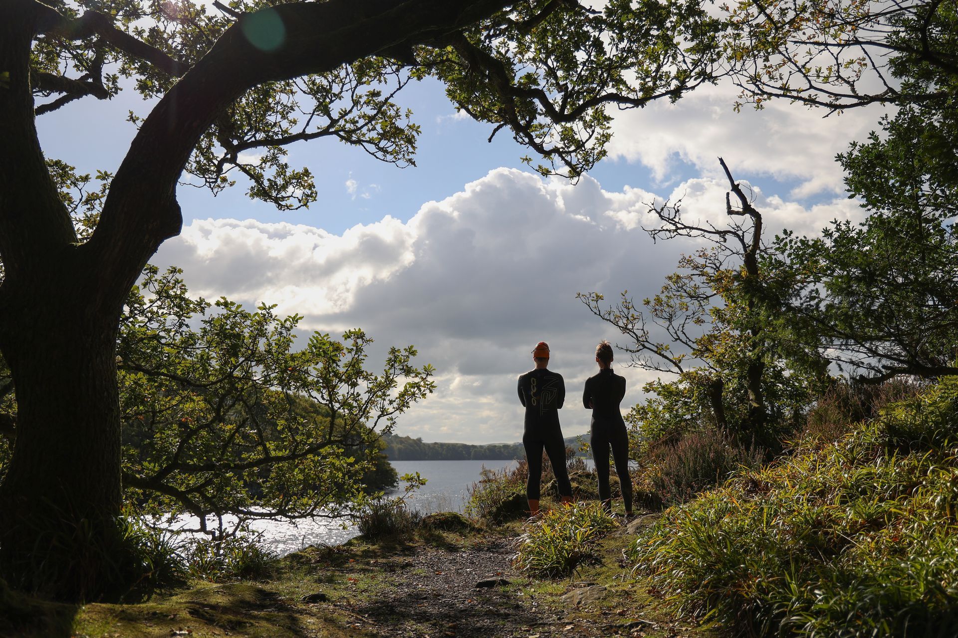 A group of people are standing on a path in the woods.