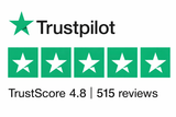 Trustpilot logo with five green stars, a TrustScore of 4.8, and 515 reviews.