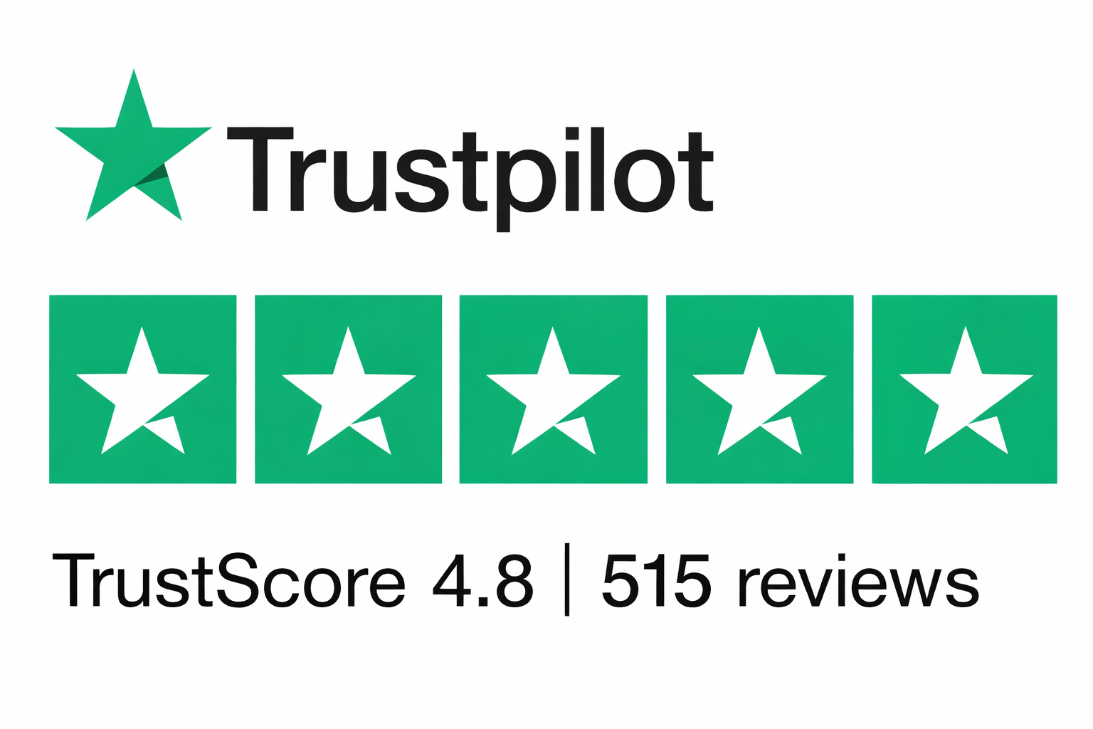 Trustpilot logo with five green stars, a TrustScore of 4.8, and 515 reviews.